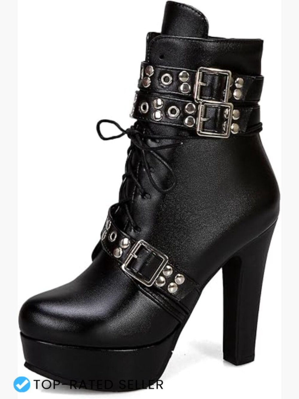 Studded Buckled Combat Boots Chunky Platform Ankle Booties Lace Up Knight Biker